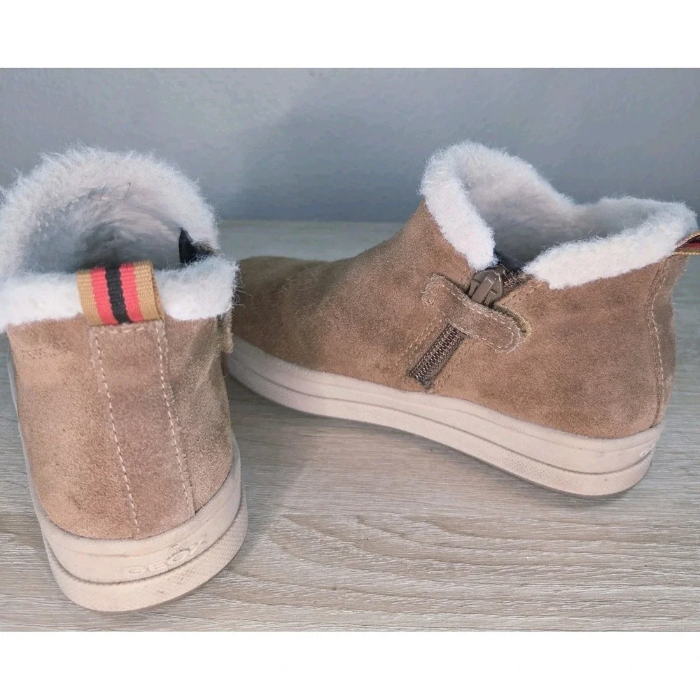 Geox Kids Suede Shearling Lined Ankle Boots Size 28 Side Zip Winter Brown‎